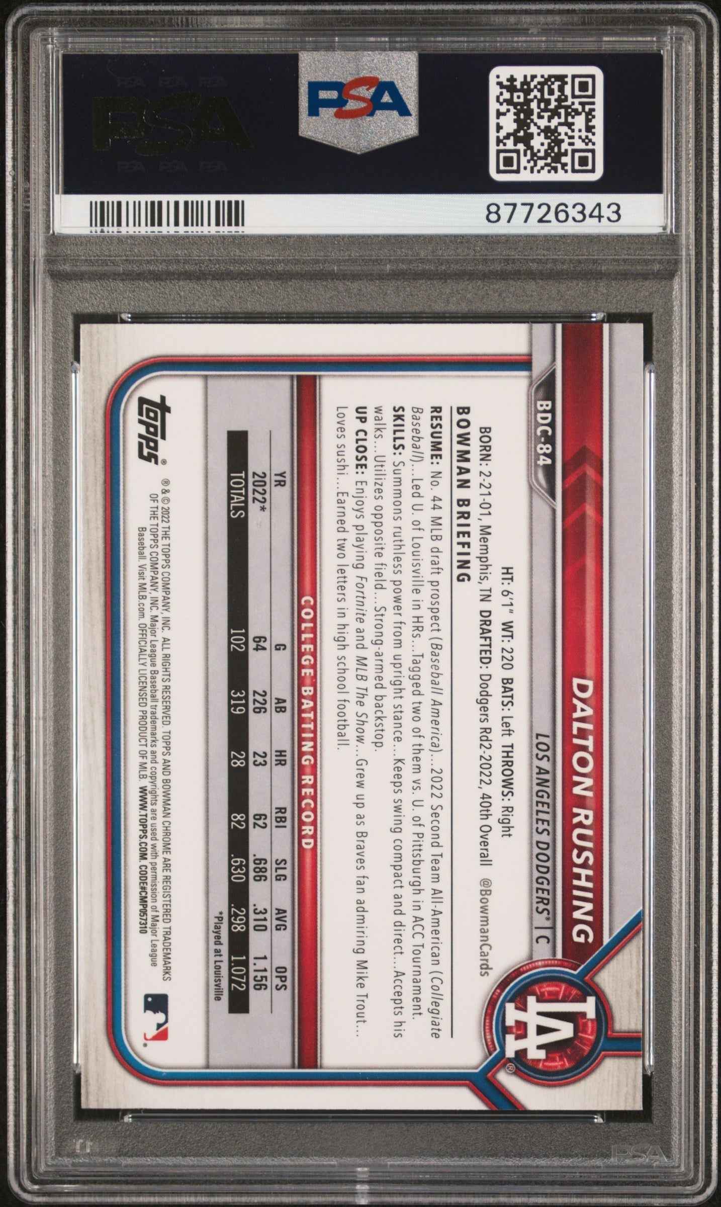 Graded 2022 Topps Bowman Draft Dalton Rushing #BDC84 Chrome Rookie RC Baseball Card PSA 10 Gem Mint