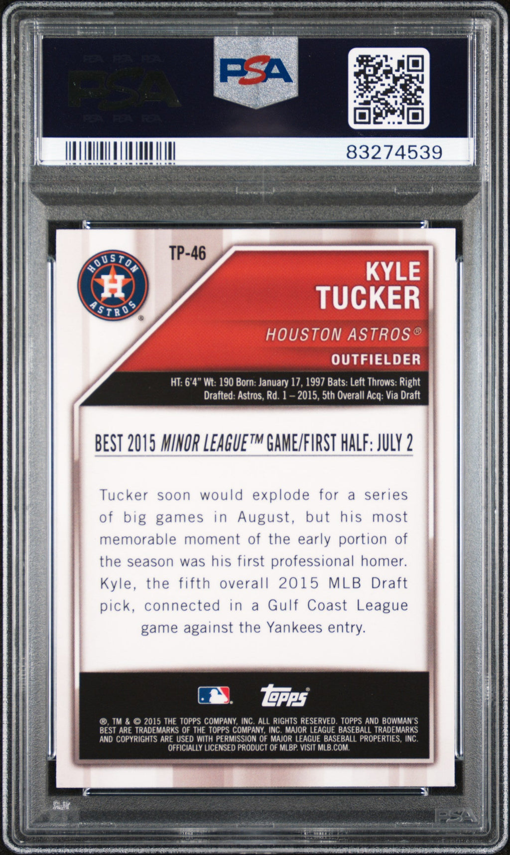 Graded 2015 Topps Bowmans Best Kyle Tucker #TP46 Top Prospects Refractor Rookie RC Baseball Card PSA 10 Gem Mint