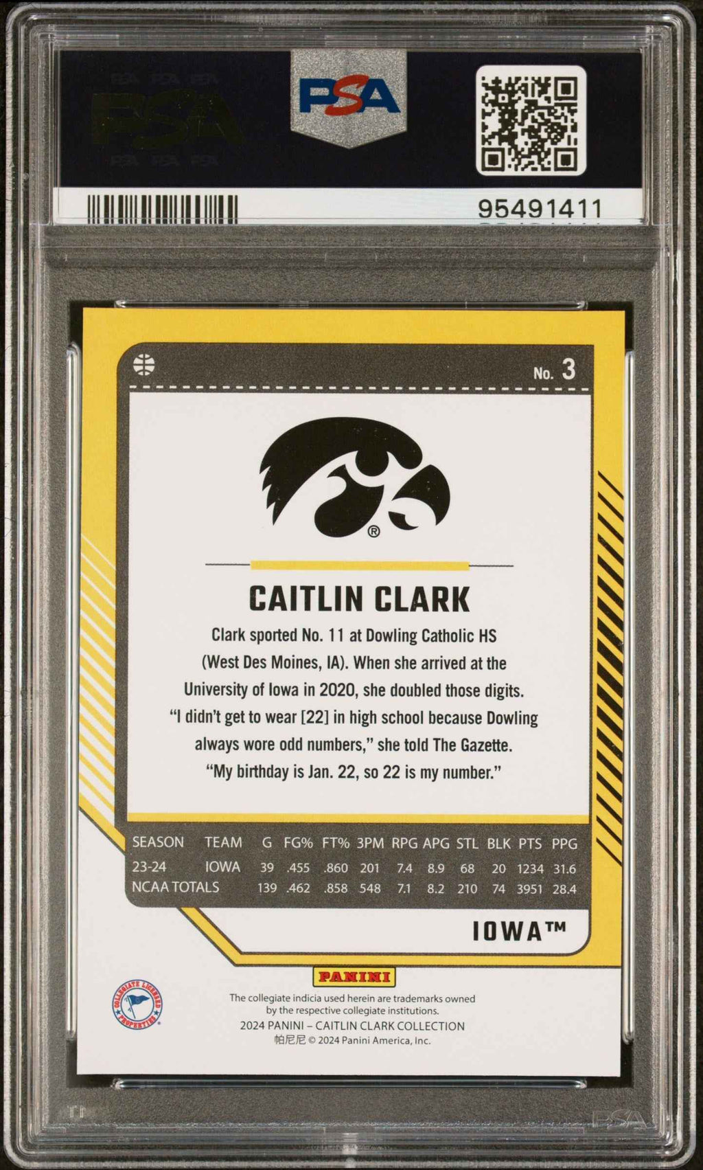 Graded 2024 Panini Caitlin Clark Collection Caitlin Clark #3 Donruss Rookie RC Basketball Card PSA 9 Mint
