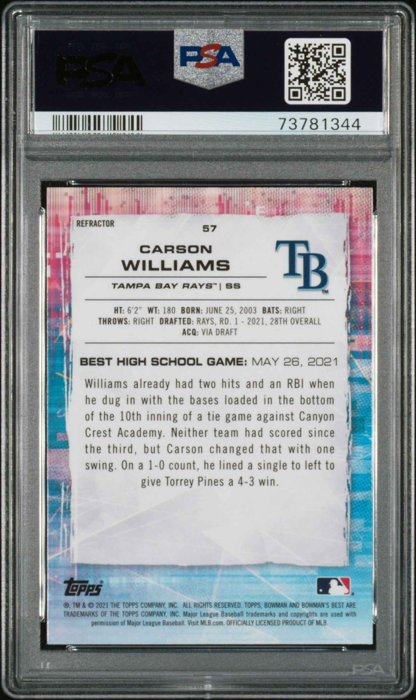 Graded 2021 Topps Bowmans Best Carson Williams #57 Refractor Rookie RC Baseball Card PSA 10 Gem Mint