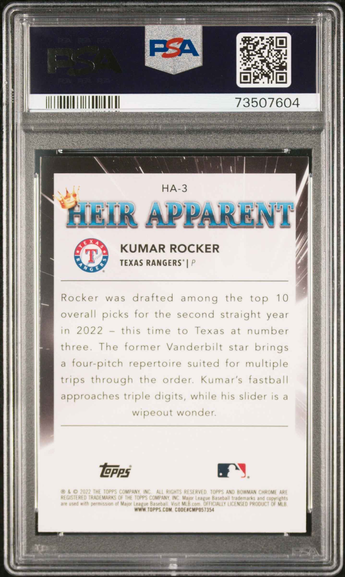 Graded 2022 Topps Bowman Draft Kumar Rocker #HA3 Heir Apparent Rookie RC Baseball Card PSA 10 Gem Mint