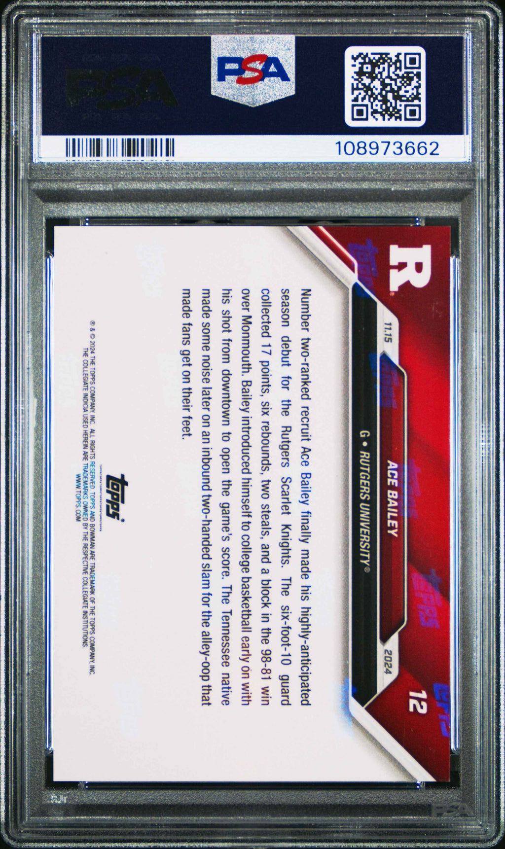 Graded 2024 Topps Bowman U Now Ace Bailey #12 Rookie RC Basketball Card PSA 9 Mint