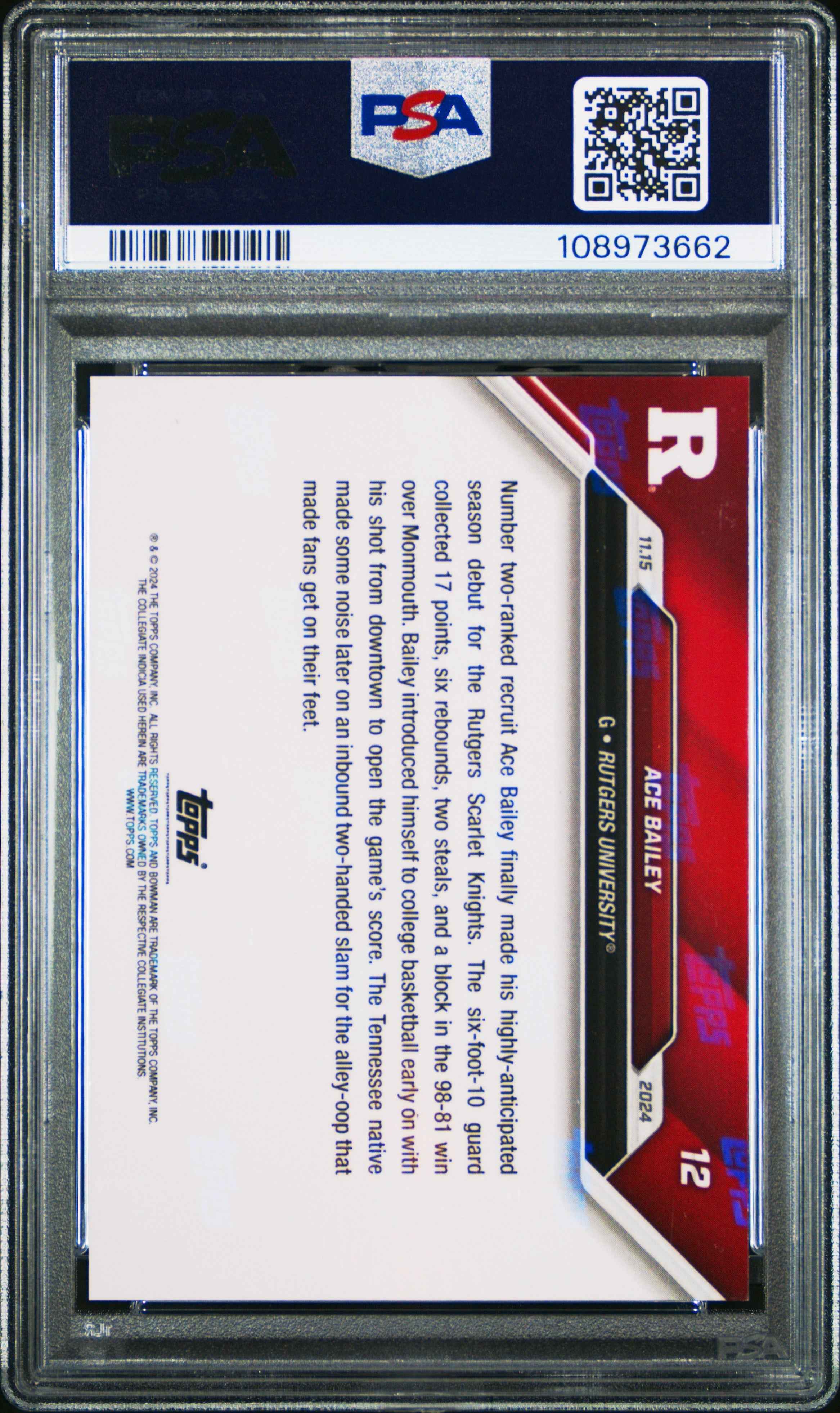 Graded 2024 Topps Bowman U Now Ace Bailey #12 Rookie RC Basketball Card PSA 9 Mint