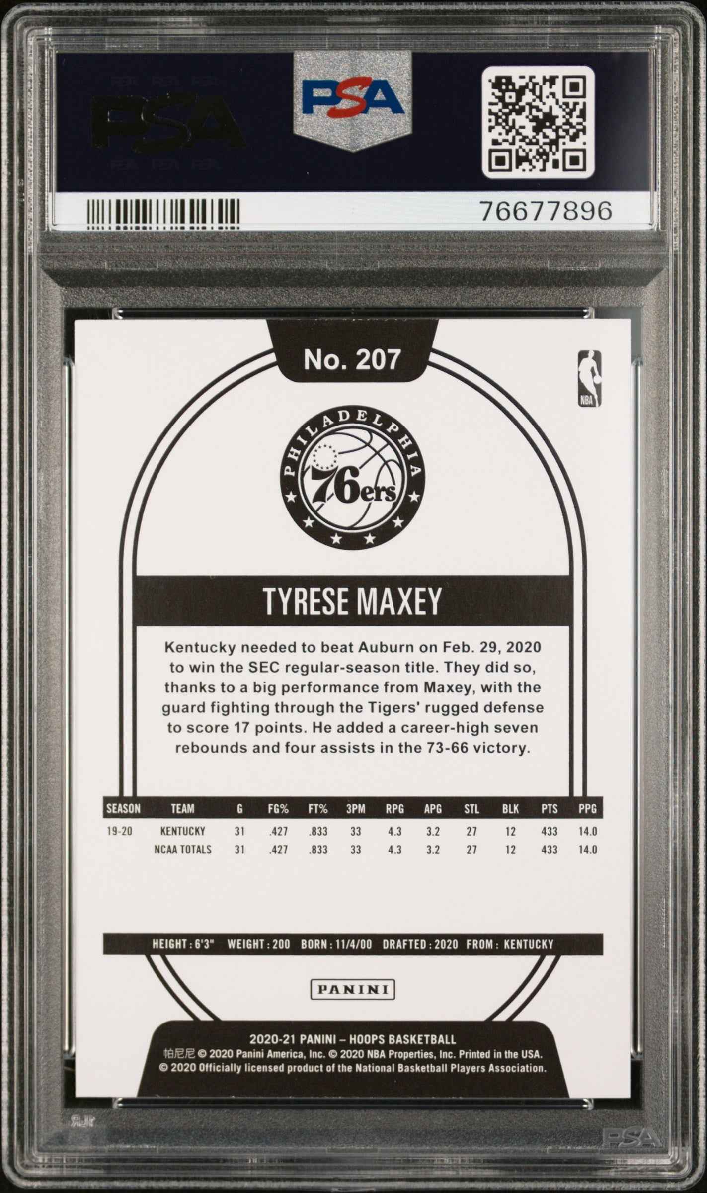 Graded 2020 Panini Hoops Tyrese Maxey #207 Teal Explosion Rookie RC Basketball Card PSA 10 Gem Mint