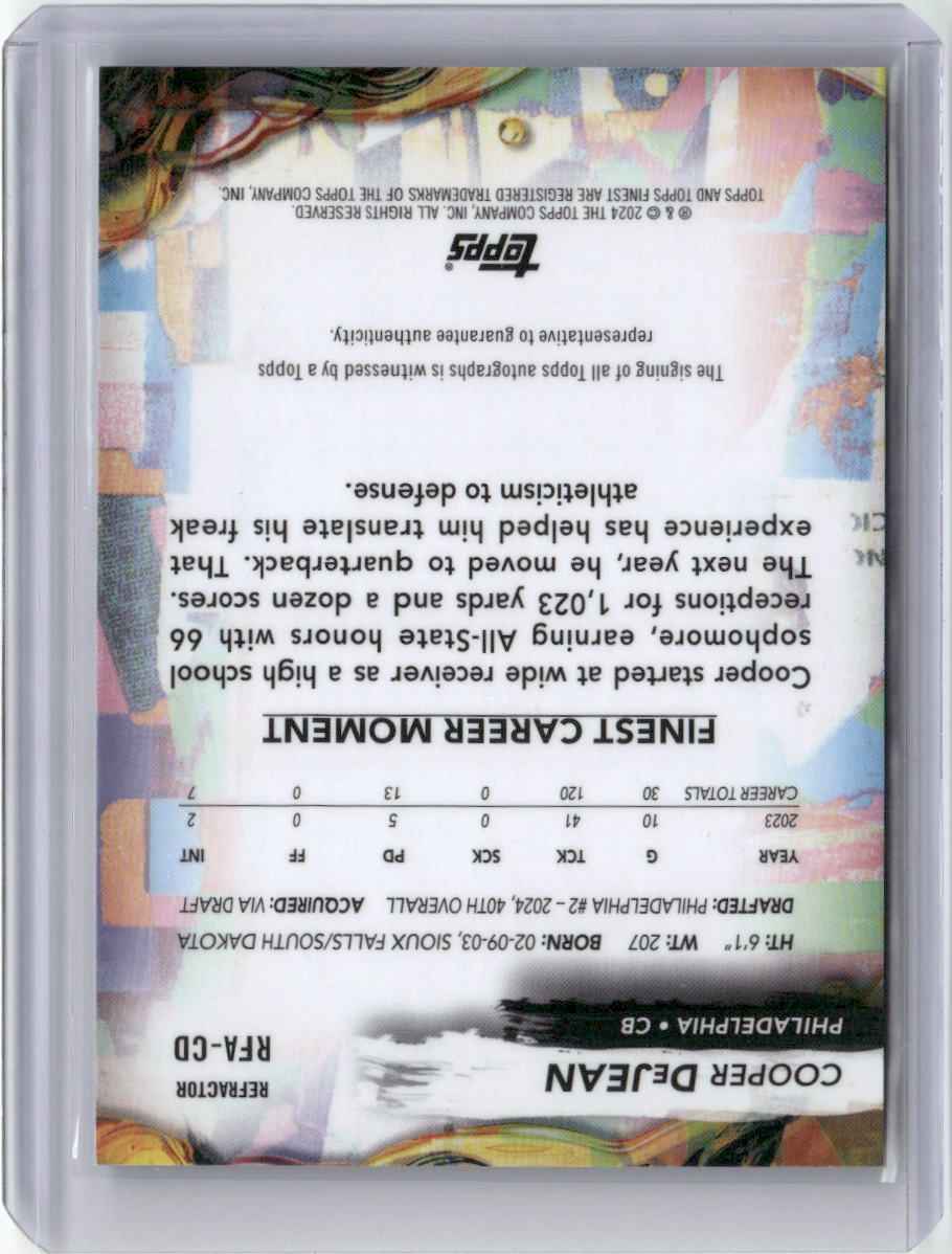 2024 Topps Finest Refractor Cooper DeJean #RFA-CD Auto Rookie RC Football Card