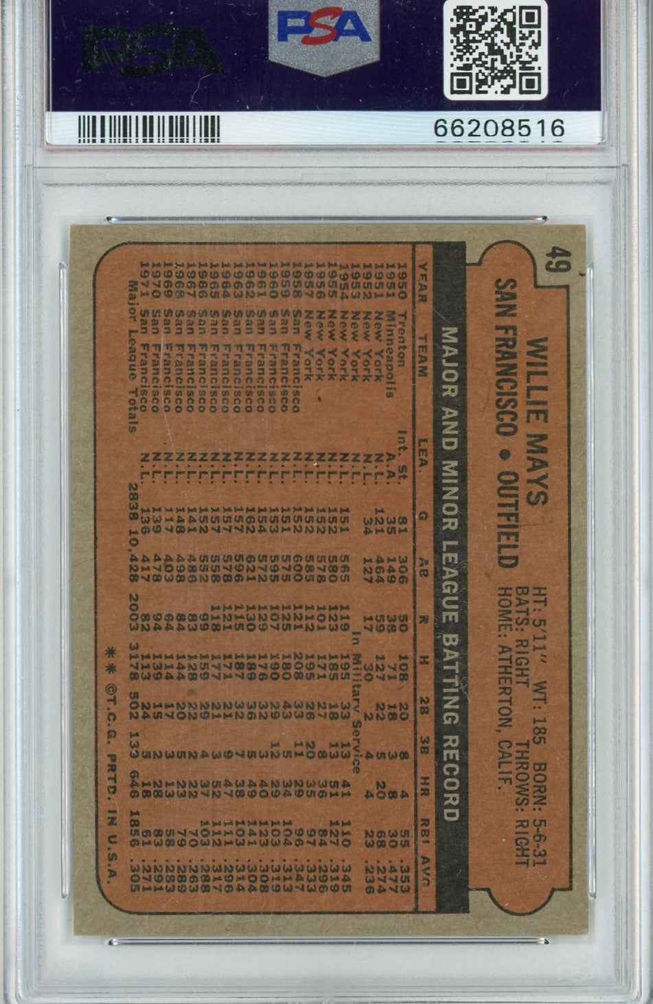 Graded 1972 Topps Willie Mays #49 Baseball Card PSA 5 Excellent