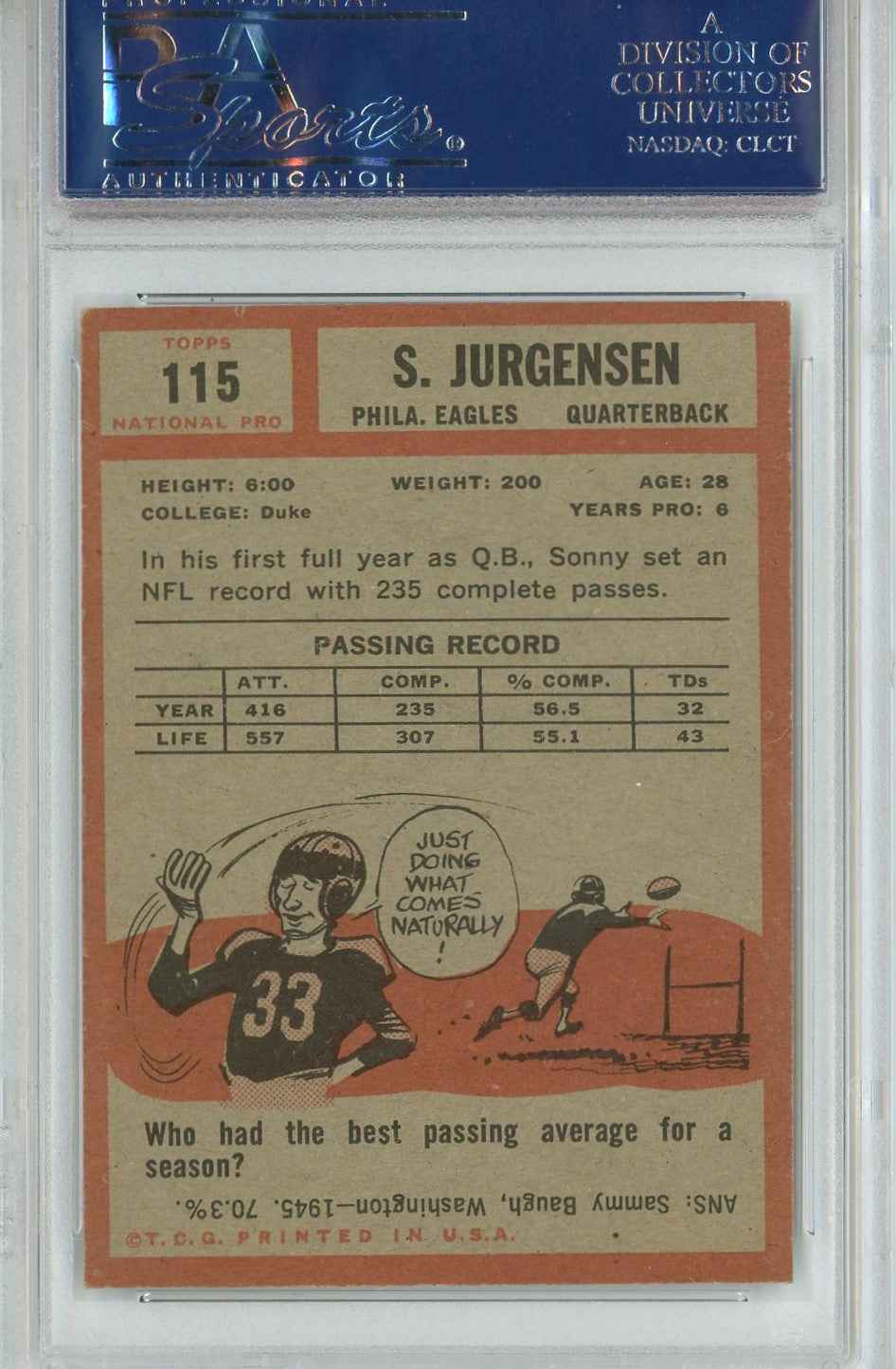 Graded 1962 Topps Sonny Jurgensen #115 Football Card PSA 6 EX-MT