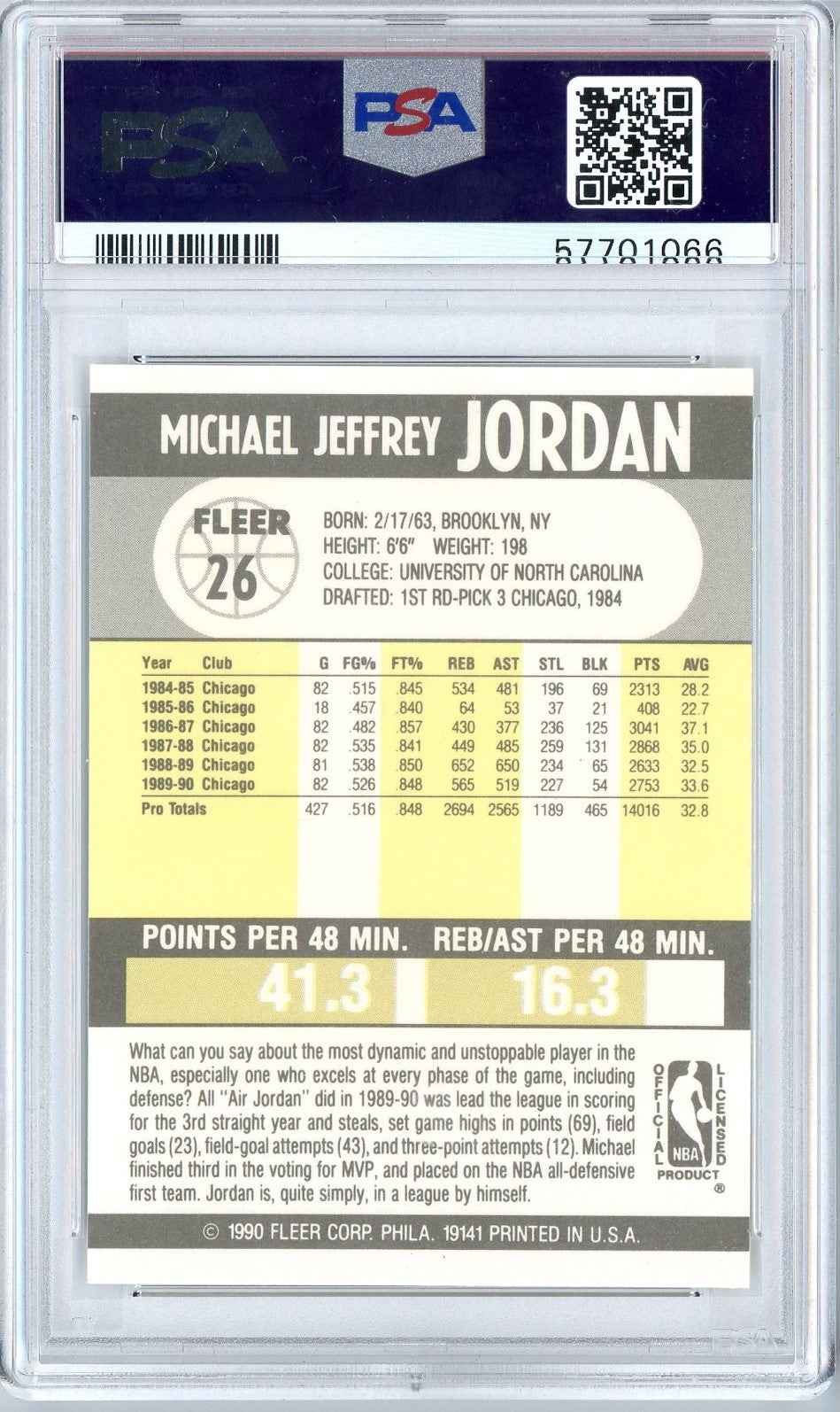 Graded 1990 Fleer Michael Jordan #26 Basketball Card PSA 9 Mint