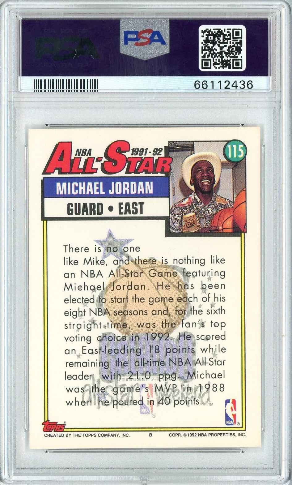 Graded 1992 Topps Michael Jordan #115 Basketball Card PSA 9 Mint