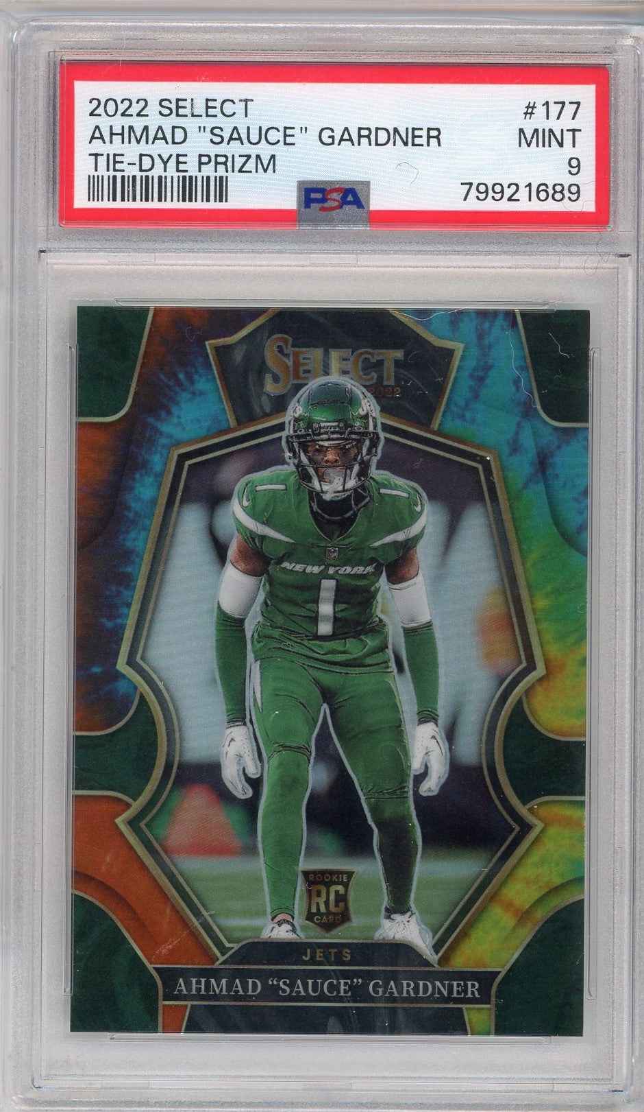 Graded 2022 Panini Select Ahmad Sauce Gardner #177 Tie-Dye Prizm Rookie RC Football Card PSA 9 Mint
