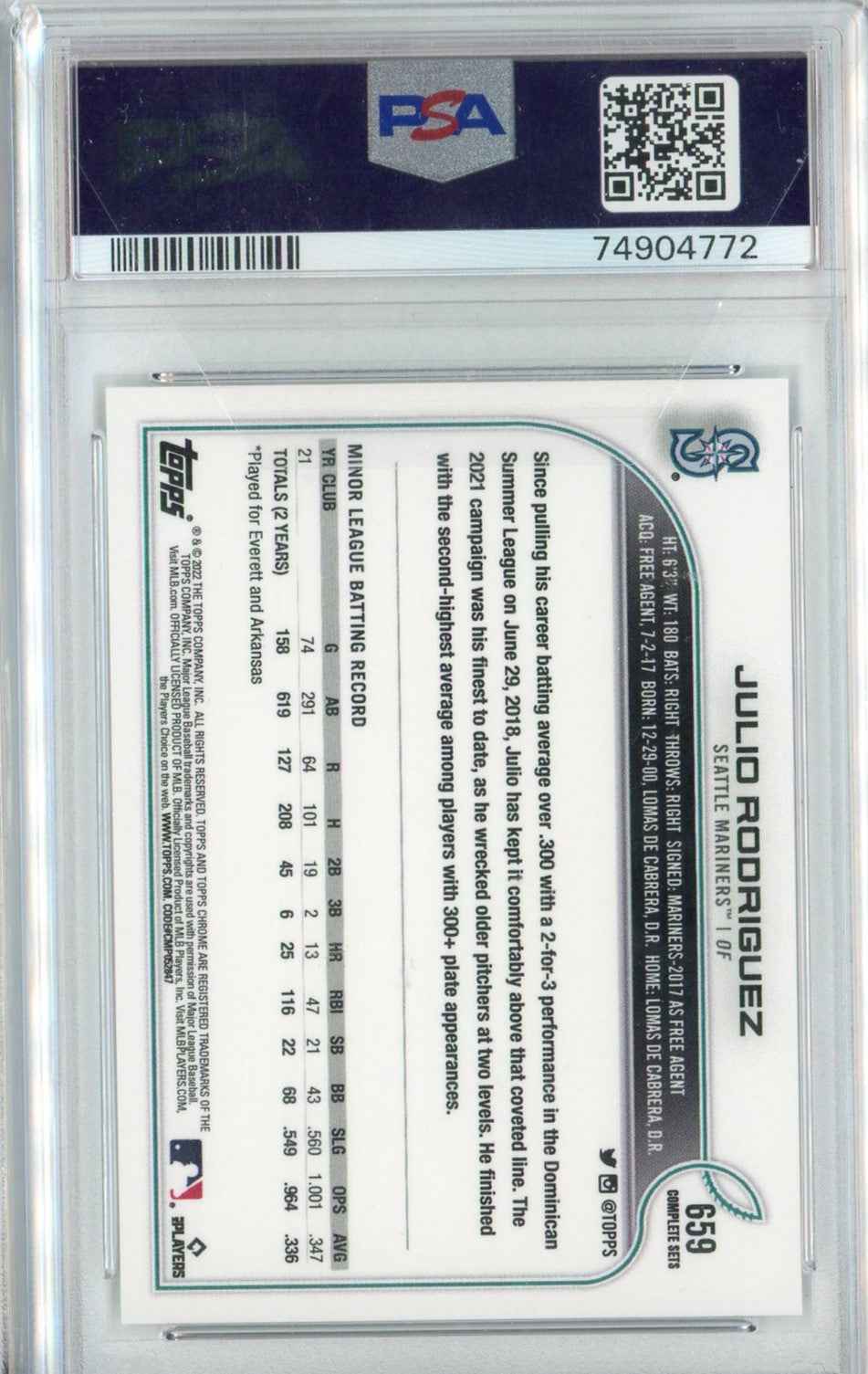 Graded 2022 Topps Complete Set Julio Rodriguez #659 582 Montgomery Club Rookie RC Baseball Card PSA 10 Gem Mint