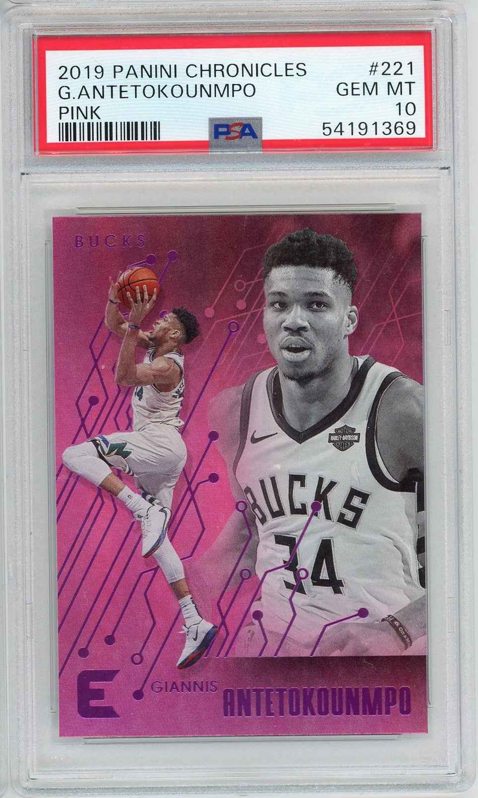 Graded 2019 Panini Chronicles Giannis Antetokounmpo #221 Pink Basketball Card PSA 10 Gem Mint