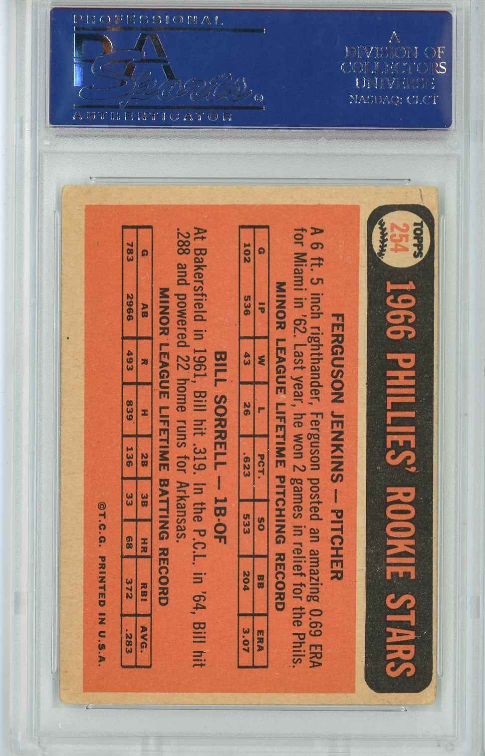 Graded 1966 Topps Ferguson Fergie Jenkins #254 Rookie RC Baseball Card PSA 4 VG-EX