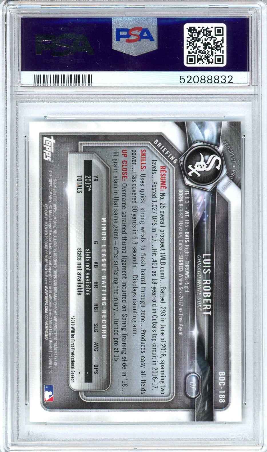 Graded 2018 Topps Bowman Draft Luis Robert #BDC188 Chrome Baseball Card PSA 10 Gem Mint