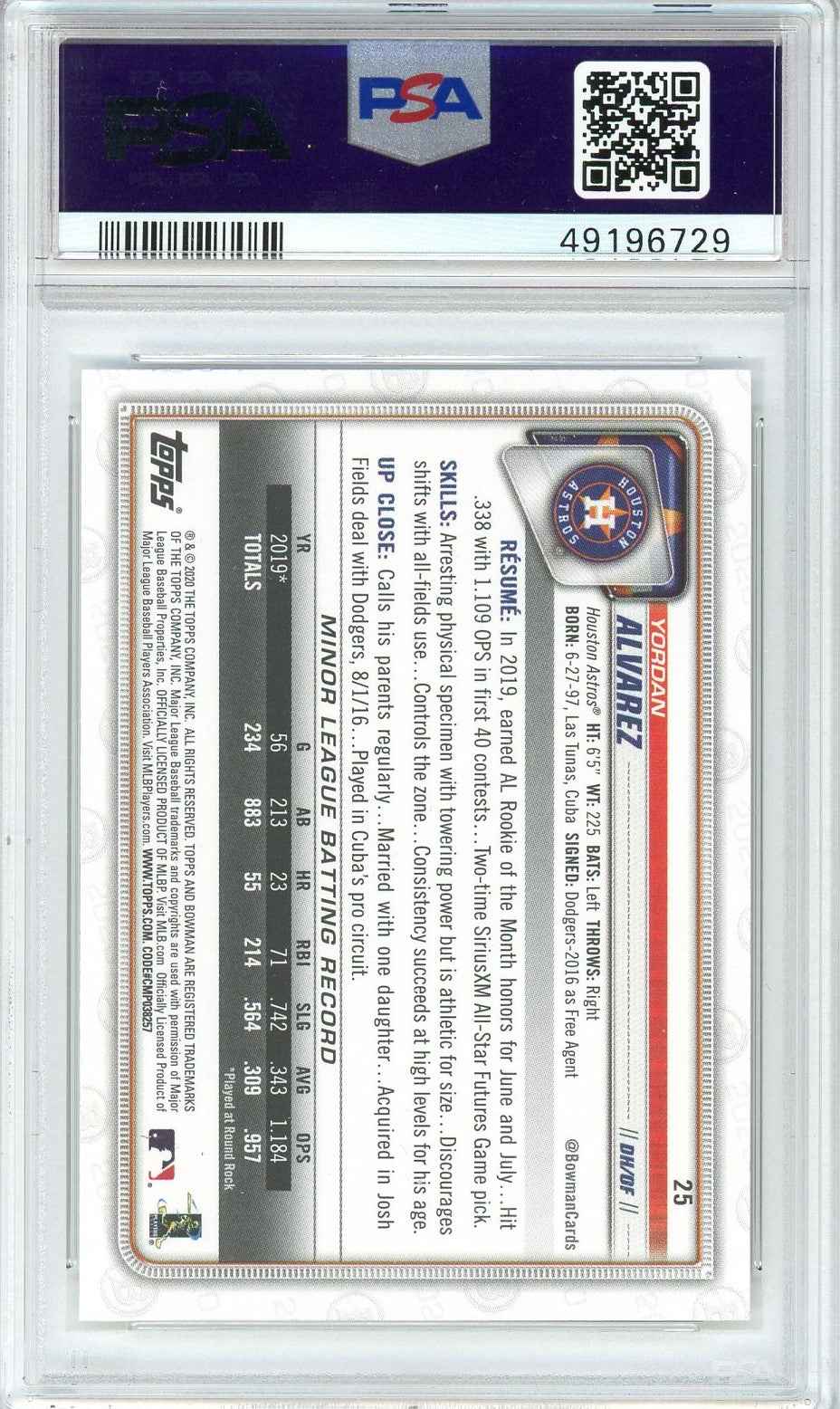 Graded 2020 Bowman Yordan Alvarez #25 Rookie RC Baseball Card PSA 10 Gem Mint