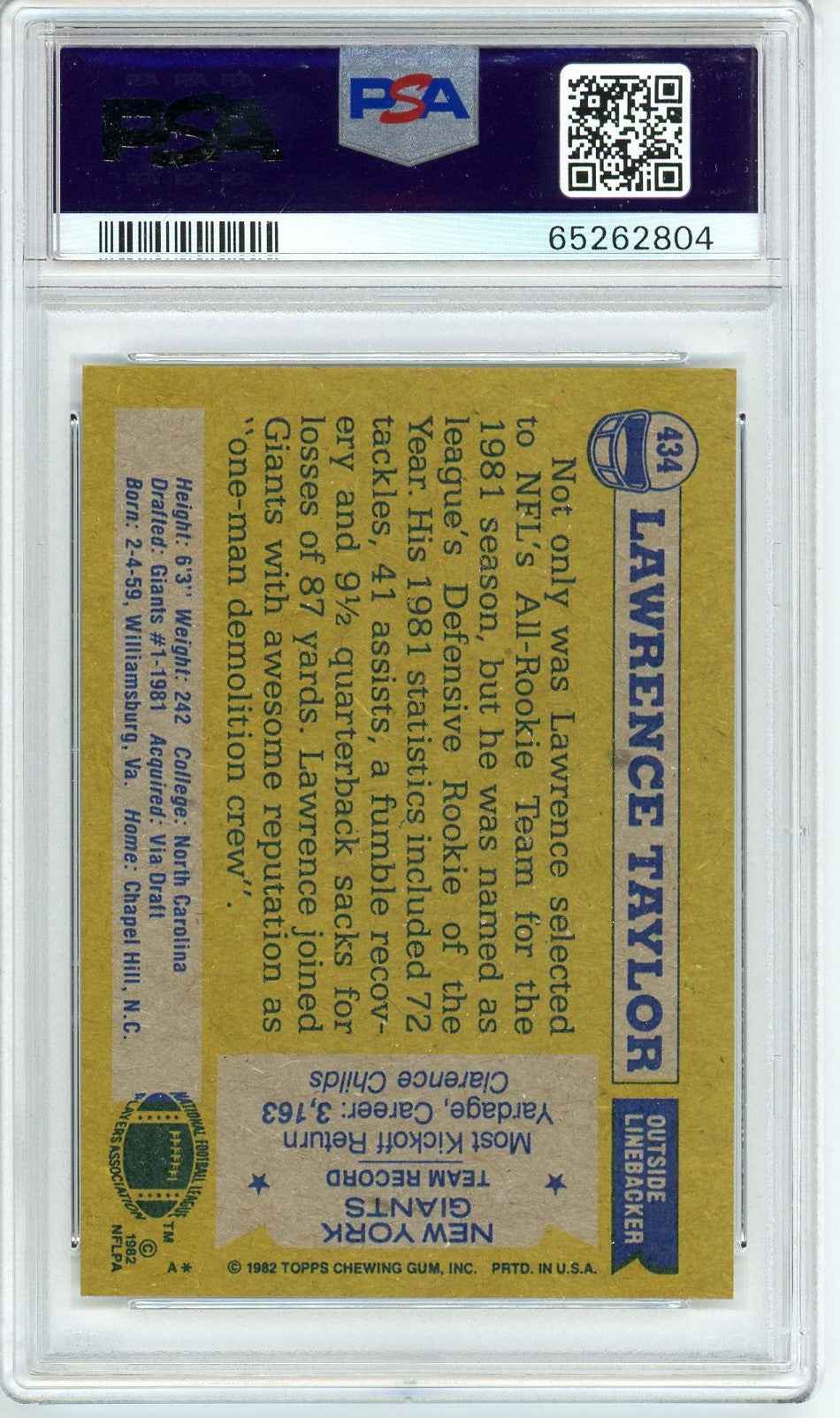 Graded 1982 Topps Lawrence Taylor #434 Rookie RC Football Card PSA 7 Near Mint