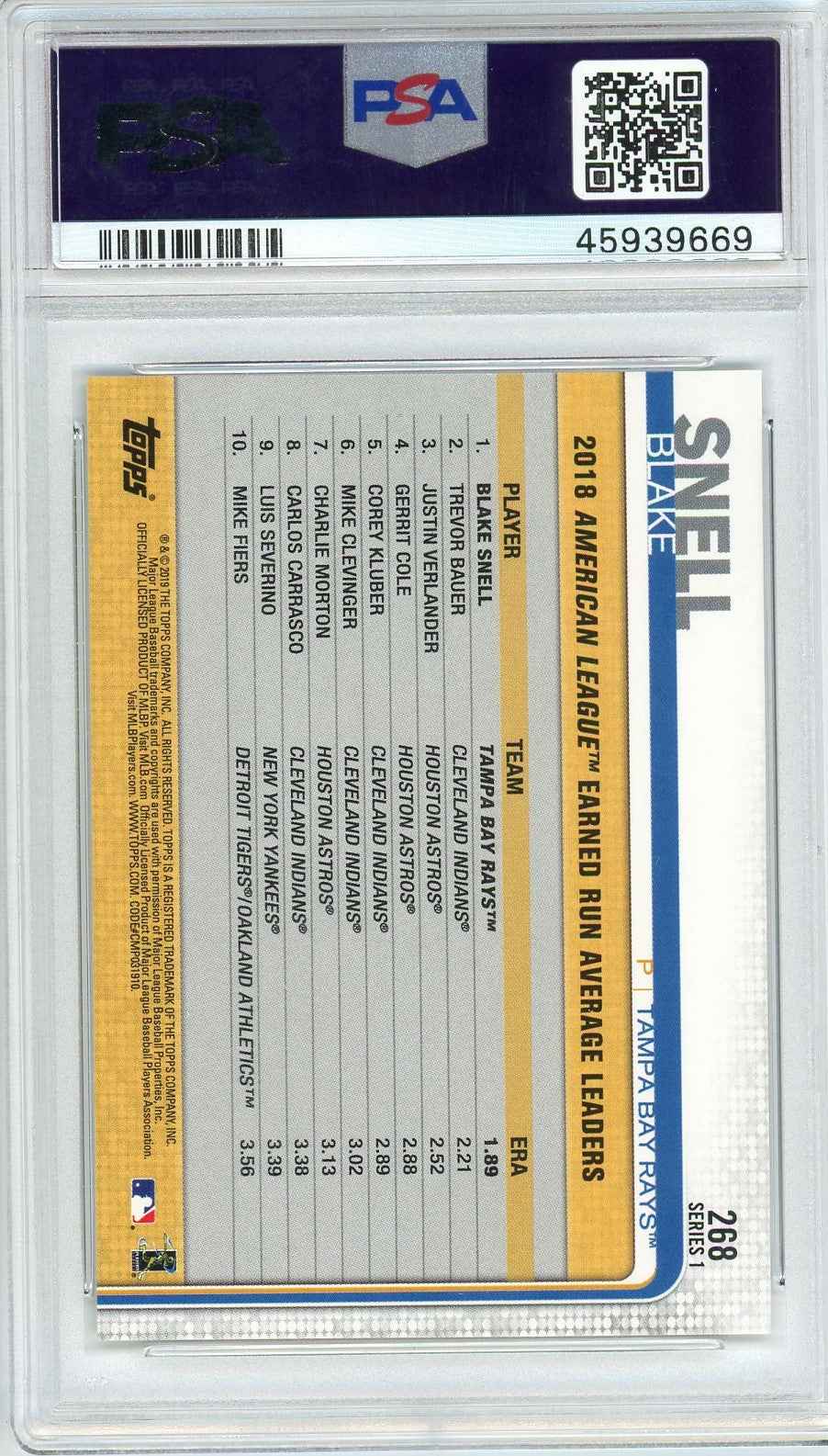 Graded 2019 Topps Complete Set Blake Snell #268 582 Montgomery Club Baseball Card PSA 10 Gem Mint