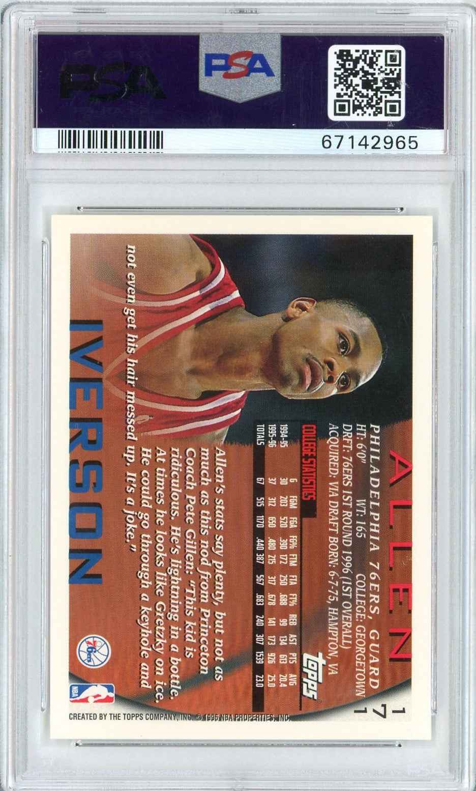 Graded 1996 Topps Allen Iverson #171 Rookie RC Basketball Card PSA 9 Mint