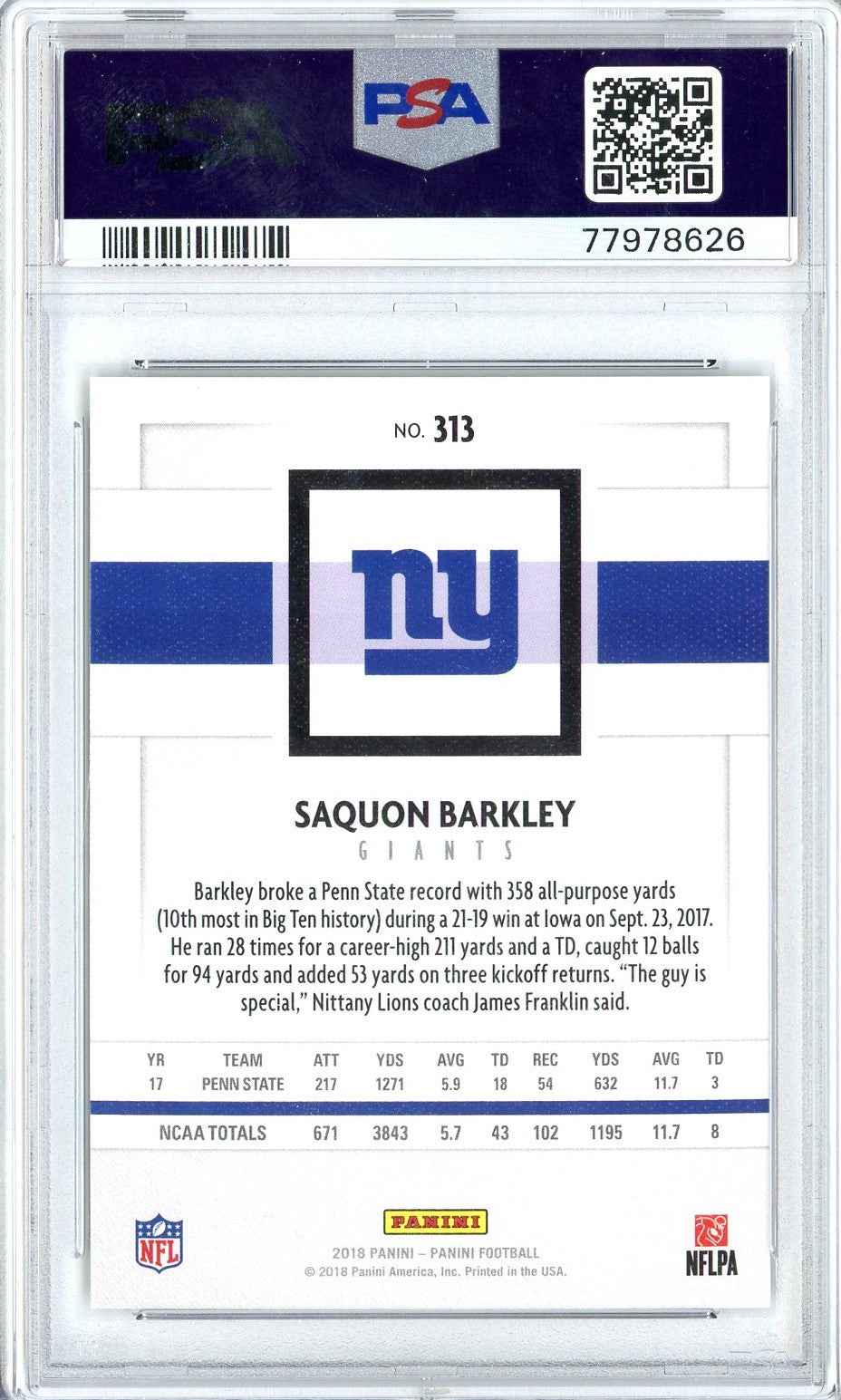 Graded 2018 Panini Saquon Barkley #313 Canvas Rookie RC Football Card PSA 10 Gem Mint