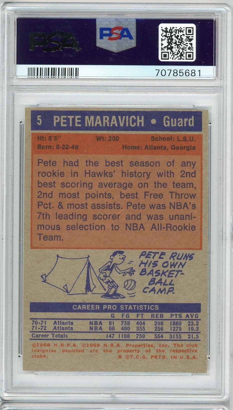 Graded 1972 Topps Pistol Pete Maravich #5 Basketball Card PSA 5 Excellent