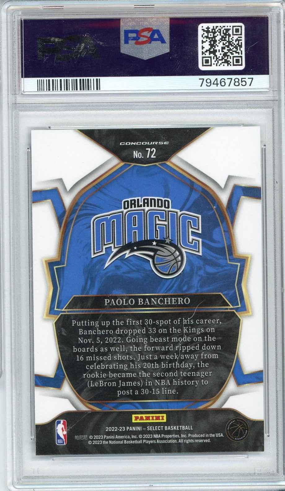 Graded 2022 Panini Select Paolo Banchero #72 Blue Rookie RC Basketball Card PSA 10 Gem Mint