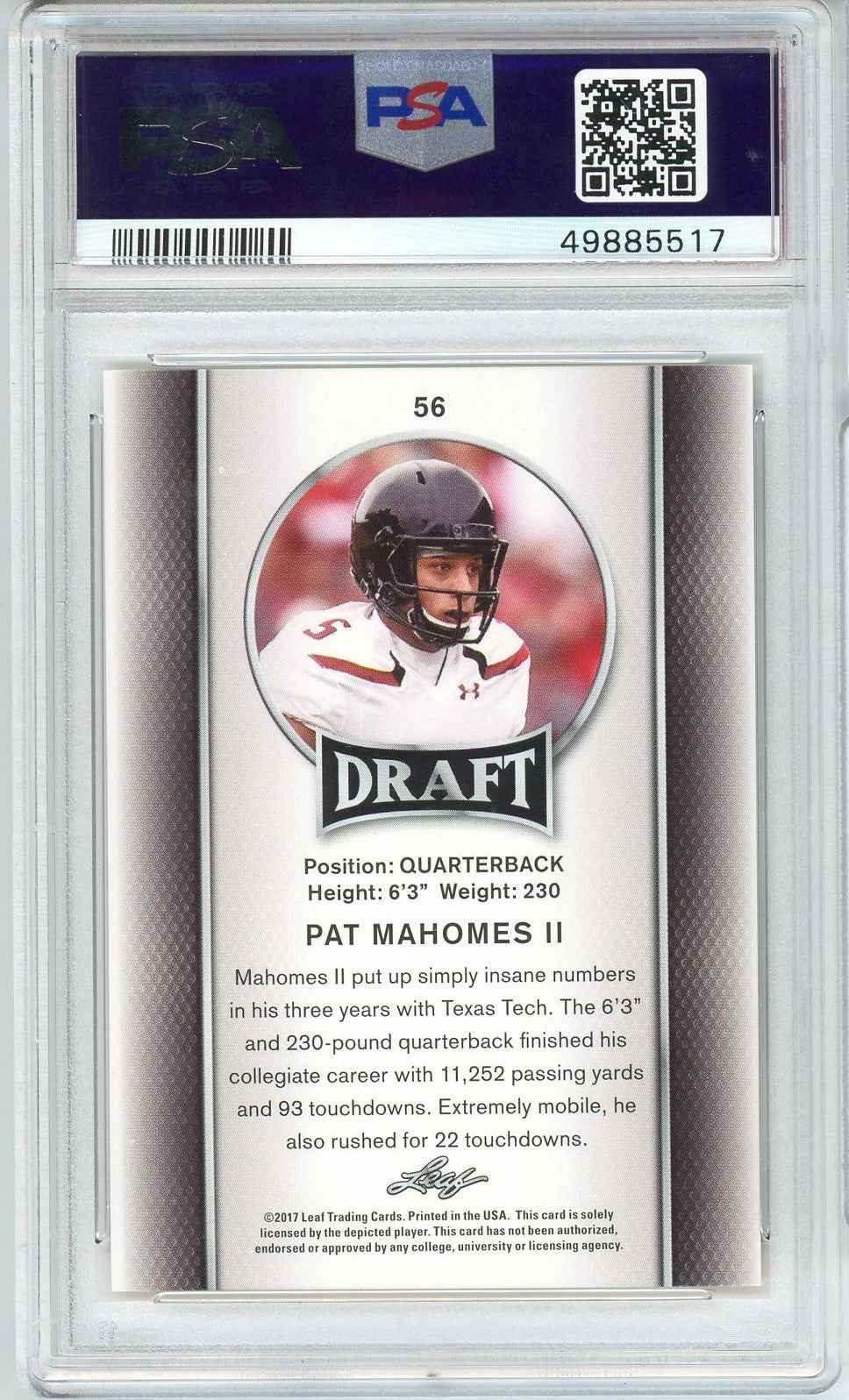 Graded 2017 Leaf Draft Patrick Mahomes II #56 Gold Rookie RC Football Card PSA 10 Gem Mint