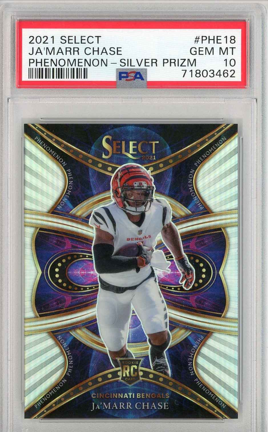 Graded 2021 Panini Select Ja'Marr Chase #PHE18 Phenomenon-Silver Prizm Rookie RC Football Card PSA 10 Gem Mint