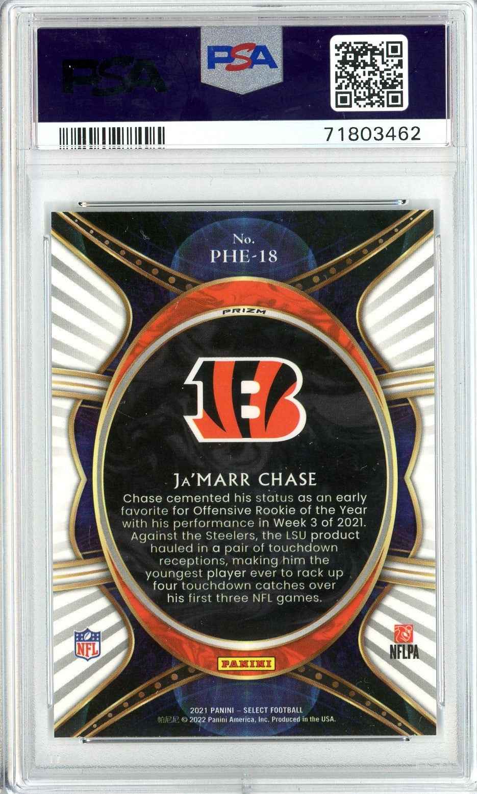 Graded 2021 Panini Select Ja'Marr Chase #PHE18 Phenomenon-Silver Prizm Rookie RC Football Card PSA 10 Gem Mint