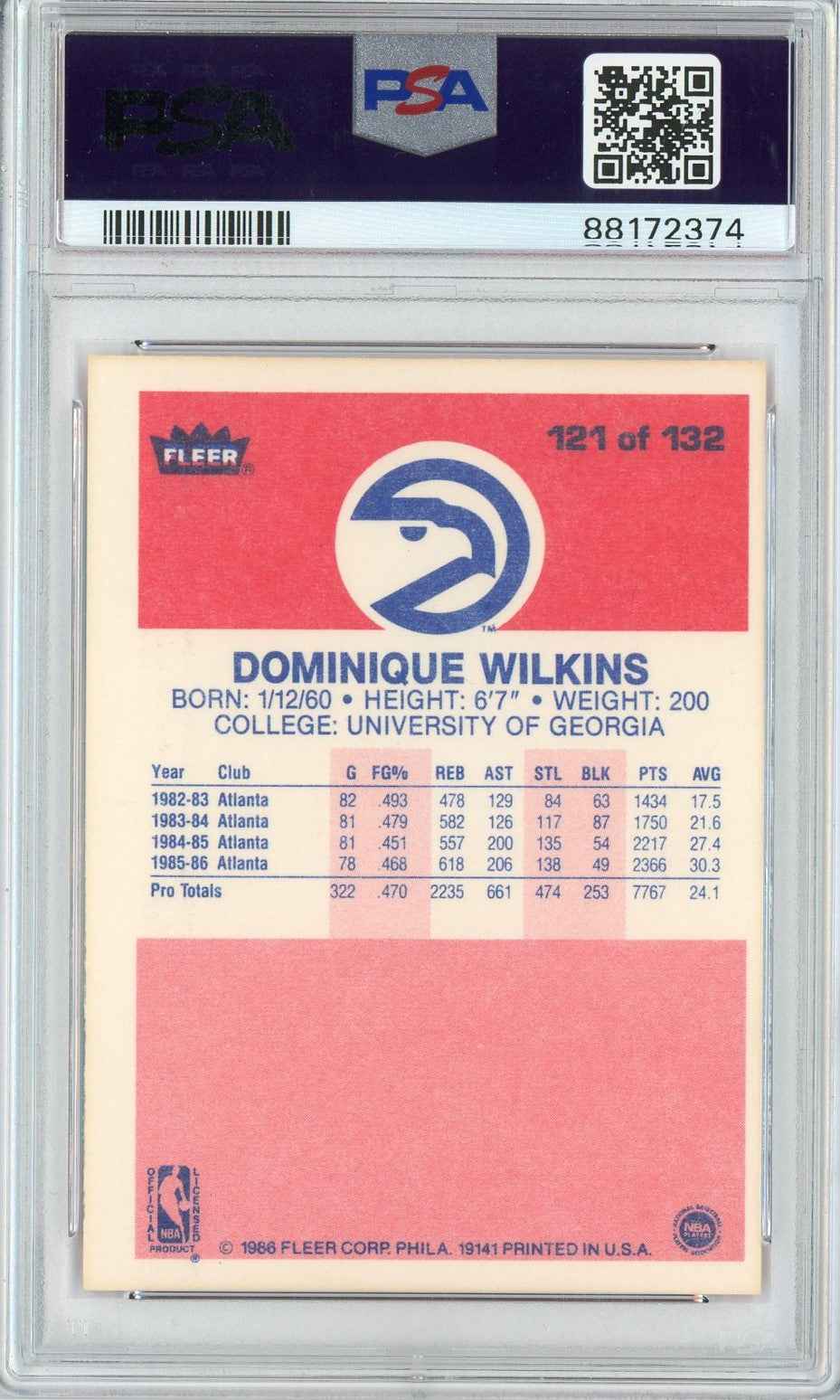 Graded 1986 Fleer Dominique Wilkins #121 Rookie RC Basketball Card PSA 6 EX-MT