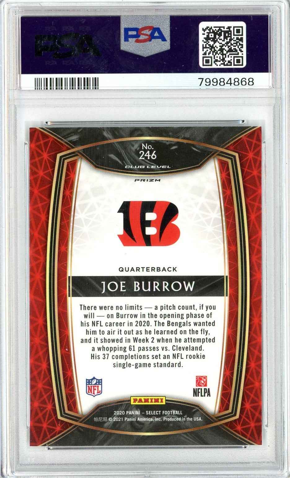 Graded 2020 Panini Select Joe Burrow #246 Silver Prizm Rookie RC Football Card PSA 10 Gem Mint