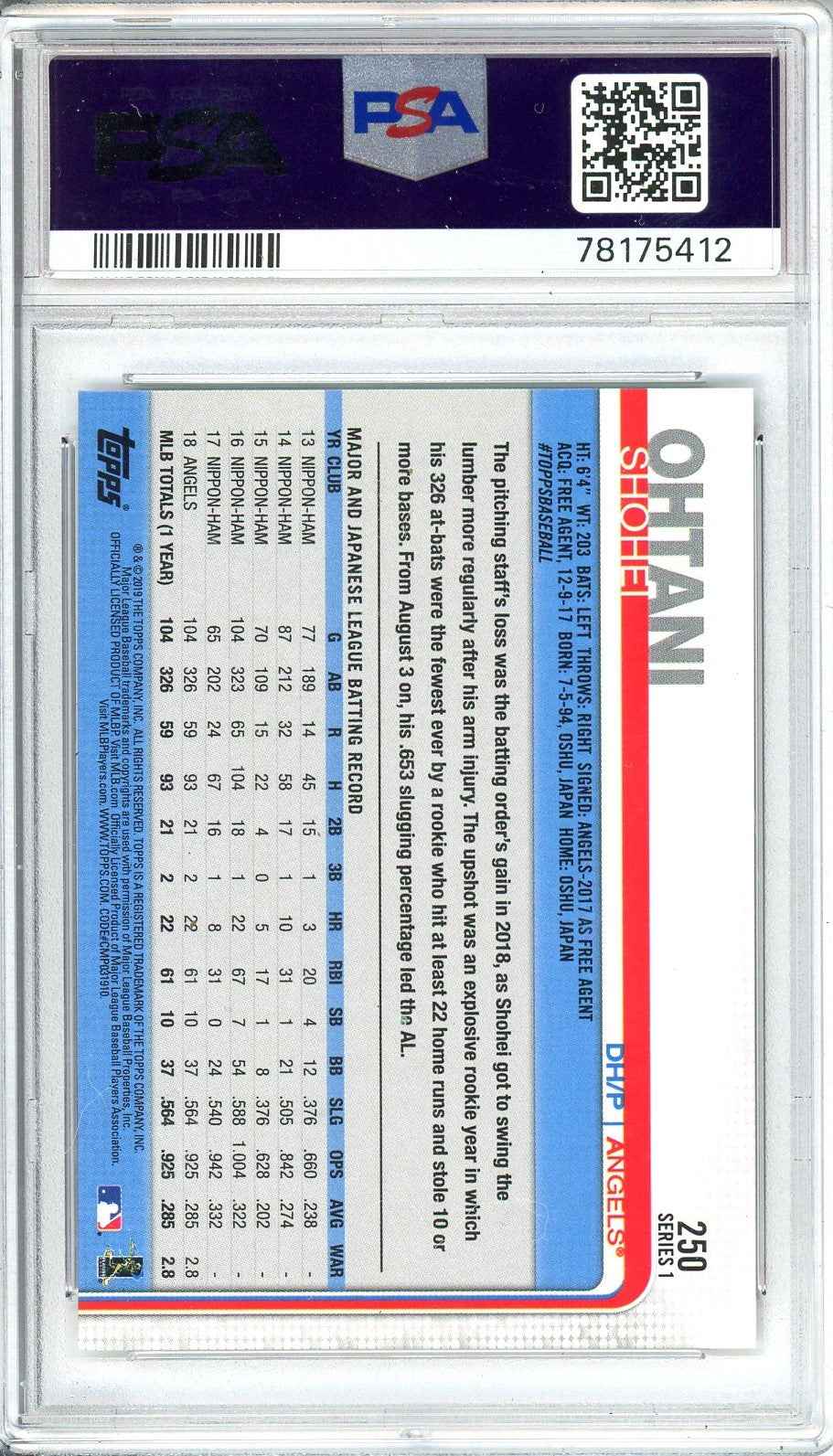 Graded 2019 Topps Shohei Ohtani #250 Swinging Rookie RC Baseball Card PSA 9 Mint