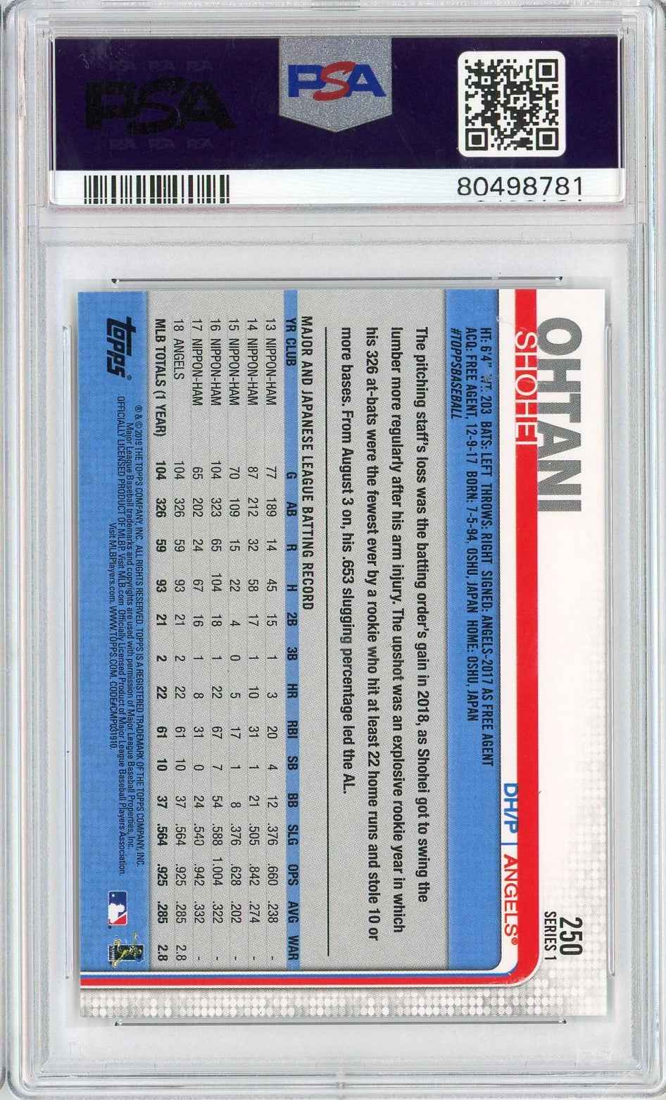 Graded 2019 Topps Shohei Ohtani #250 Swinging Rookie RC Baseball Card PSA 10 Gem Mint