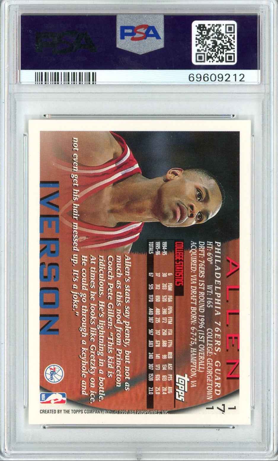 Graded 1996 Topps Allen Iverson #171 Rookie RC Basketball Card PSA 10 Gem Mint