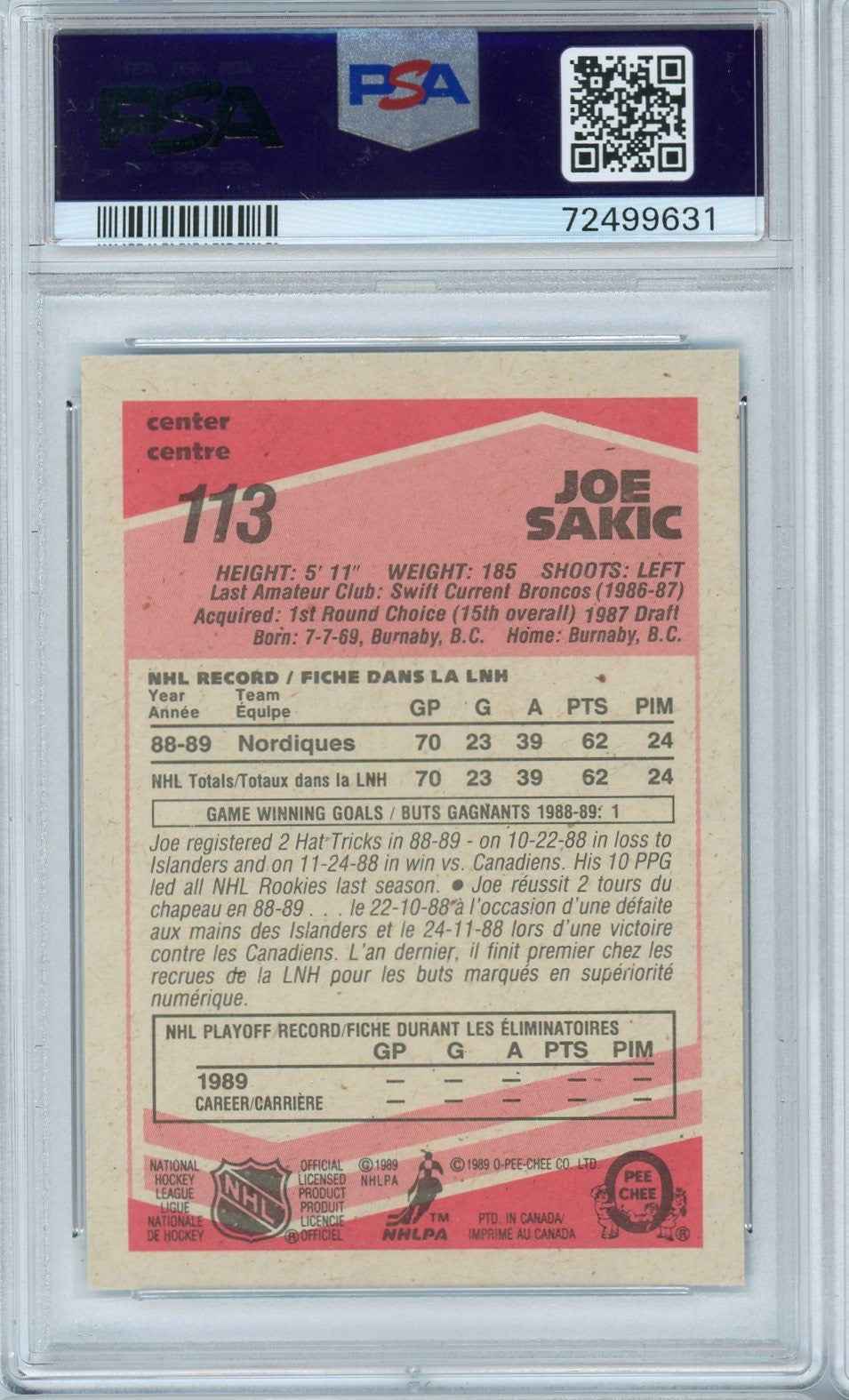Graded 1989 O-Pee-Chee Joe Sakic #113 Rookie RC Hockey Card PSA 9 Mint
