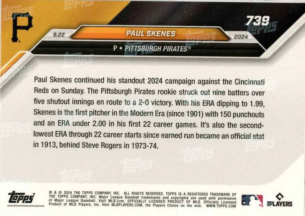 2024 Topps Now Paul Skenes #739 Blue #/49 Pittsburgh Pirates Rookie RC Baseball Card