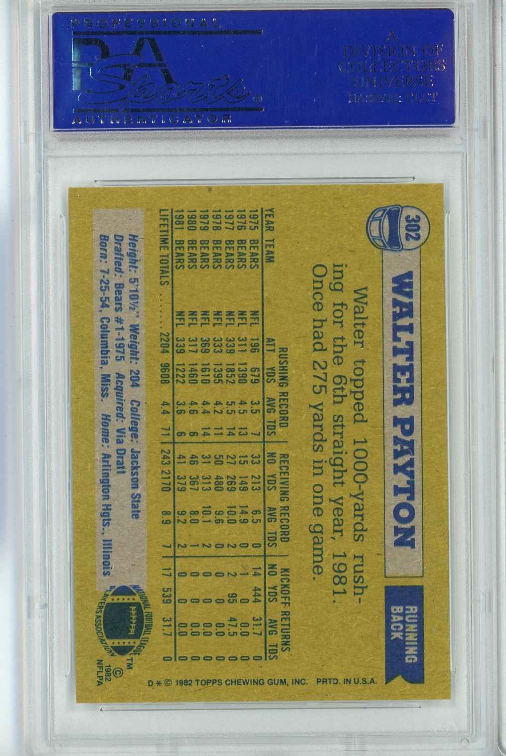 Graded 1982 Topps Walter Payton #302 Football Card PSA 9 Mint