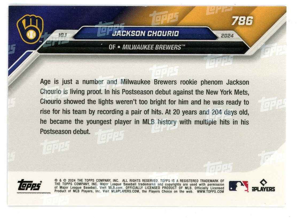 2024 Topps Now Jackson Chourio #786 Purple #/25 Milwaukee Brewers Rookie RC Baseball Card