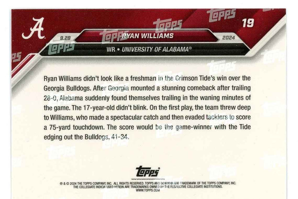 2024 Topps Bowman U Now Ryan Williams #19 Red #/10 Alabama Crimson Tide Rookie RC Football Card