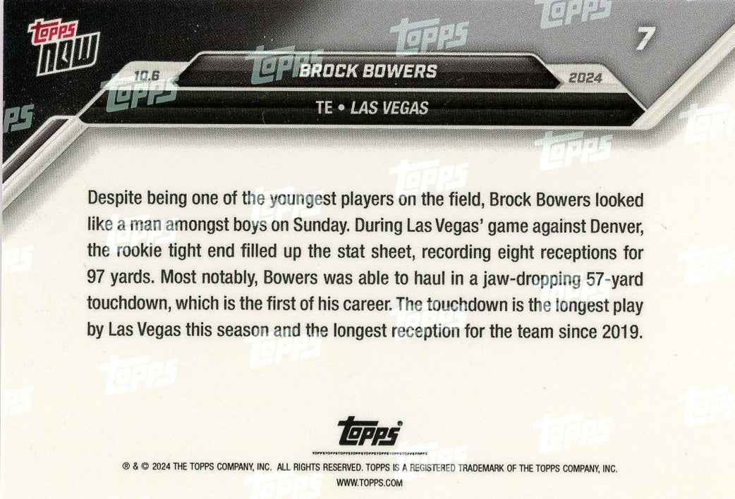 2024 Topps Now Brock Bowers #7 Purple #/25 Las Vegas Raiders Rookie RC Football Card