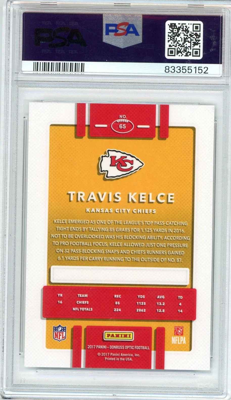 Graded 2017 Panini Donruss Optic Travis Kelce #65 Football Card PSA 10 Gem Mint