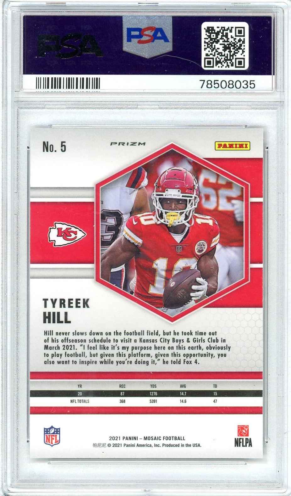 Graded 2021 Panini Mosaic Tyreek Hill #5 Mosaic Football Card PSA 10 Gem Mint