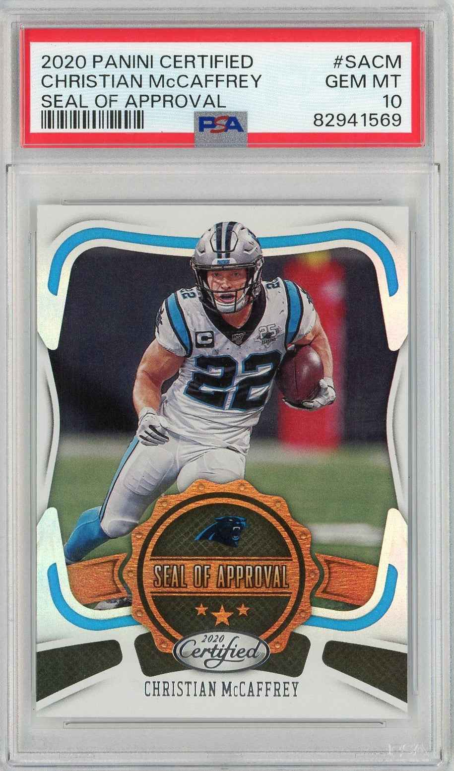 Graded 2020 Panini Certified Christian McCaffrey #SACM Seal Of Approval Football Card PSA 10 Gem Mint