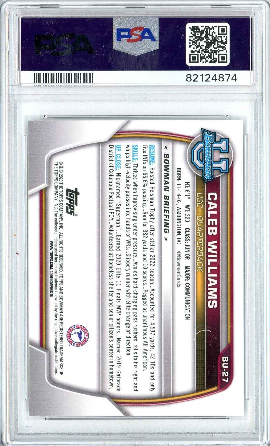 Graded 2023 Topps Bowman Chrome U NSCC Caleb Williams #27 Rookie RC Football Card PSA 10 Gem Mint