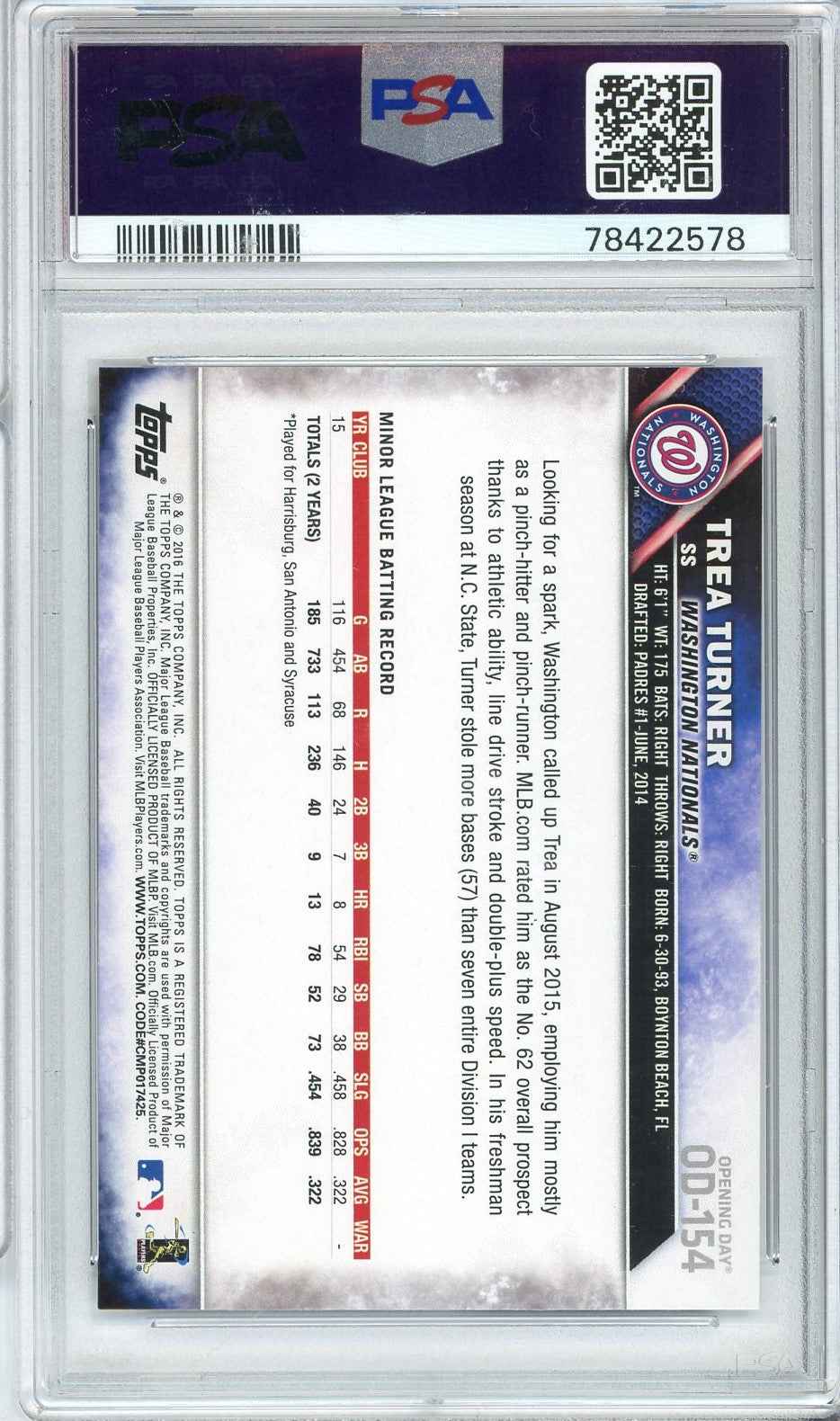 Graded 2016 Topps Opening Day Trea Turner #OD154 Rookie RC Baseball Card PSA 10 Gem Mint