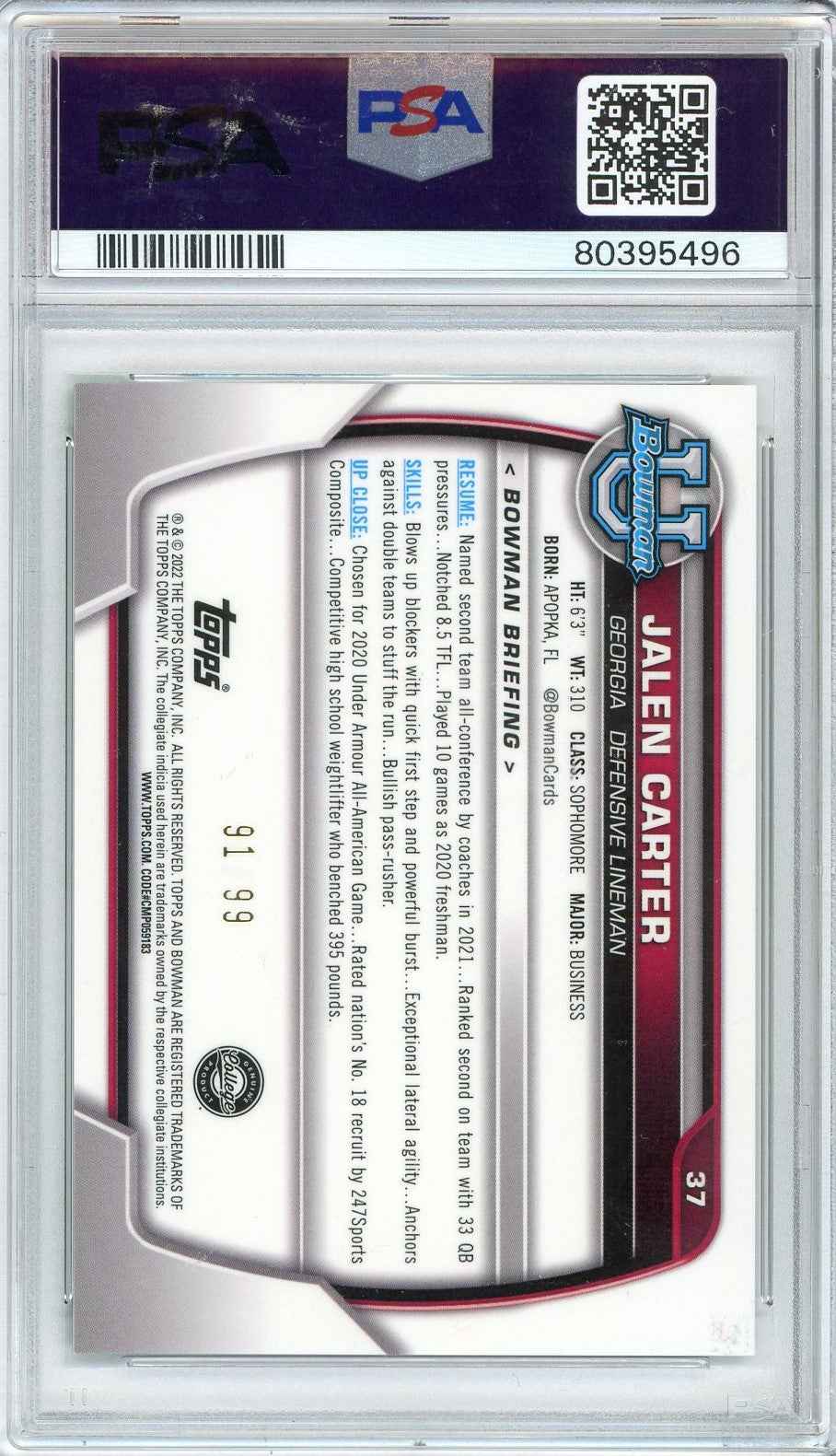 Graded 2022 Bowman University Jalen Carter #37 Chrome Green Shimmer Rookie RC Football Card PSA 10