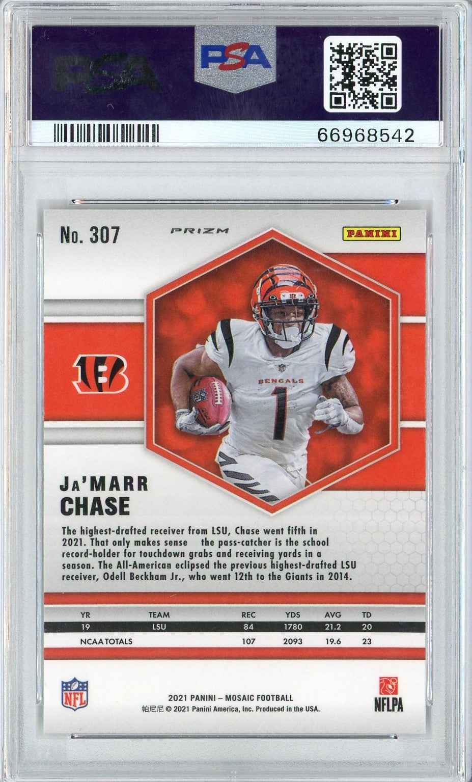Graded 2021 Panini Mosaic Ja'Marr Chase #307 Reactive Orange Rookie RC Football Card PSA 10 Gem Mint