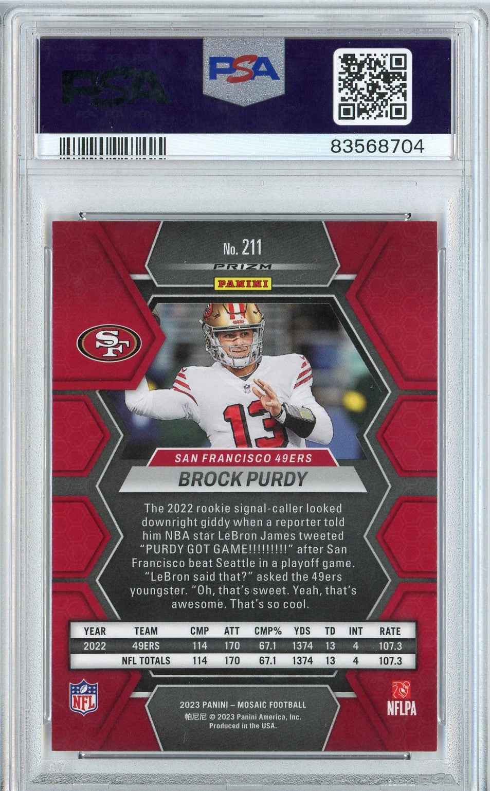 Graded 2023 Panini Mosaic Brock Purdy #211 Red Football Card PSA 10 Gem Mint