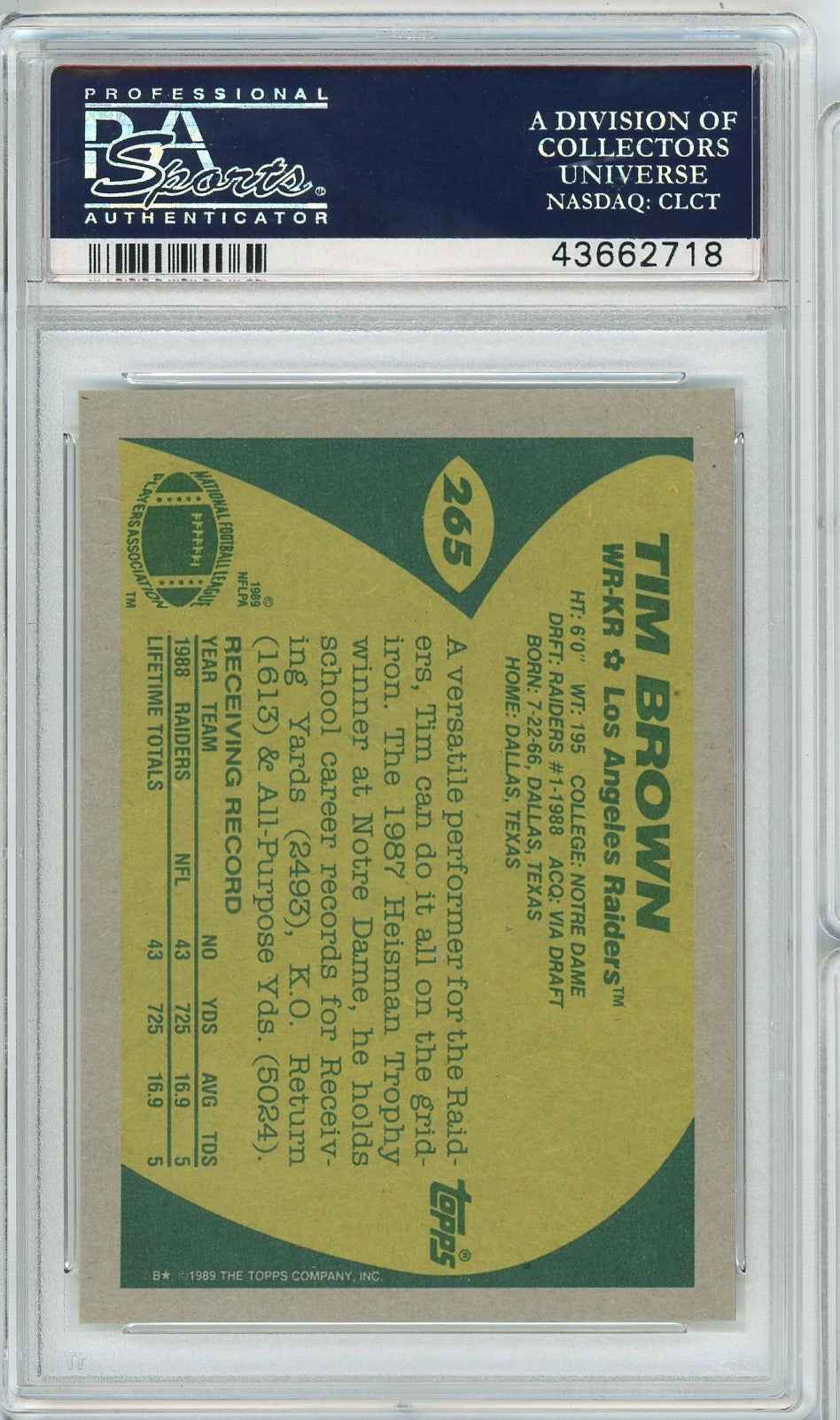 Graded 1989 Topps Tim Brown #265 Rookie RC Football Card PSA 10 Gem Mint