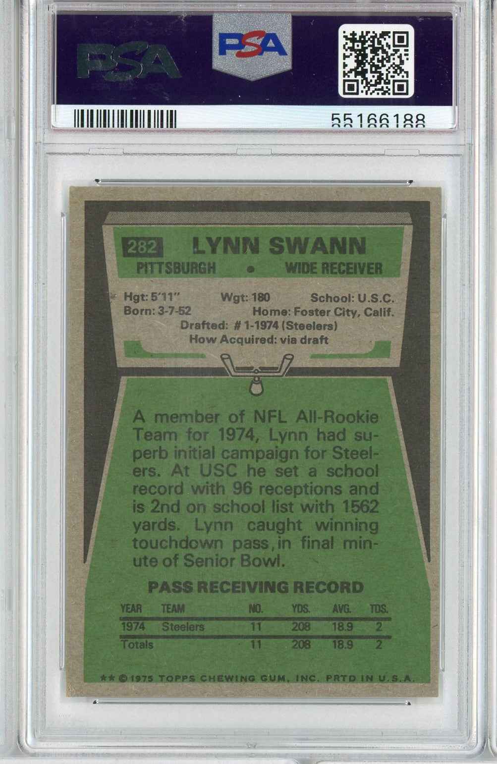 Graded 1975 Topps Lynn Swann #282 Rookie RC Football Card PSA 6 EX-MT