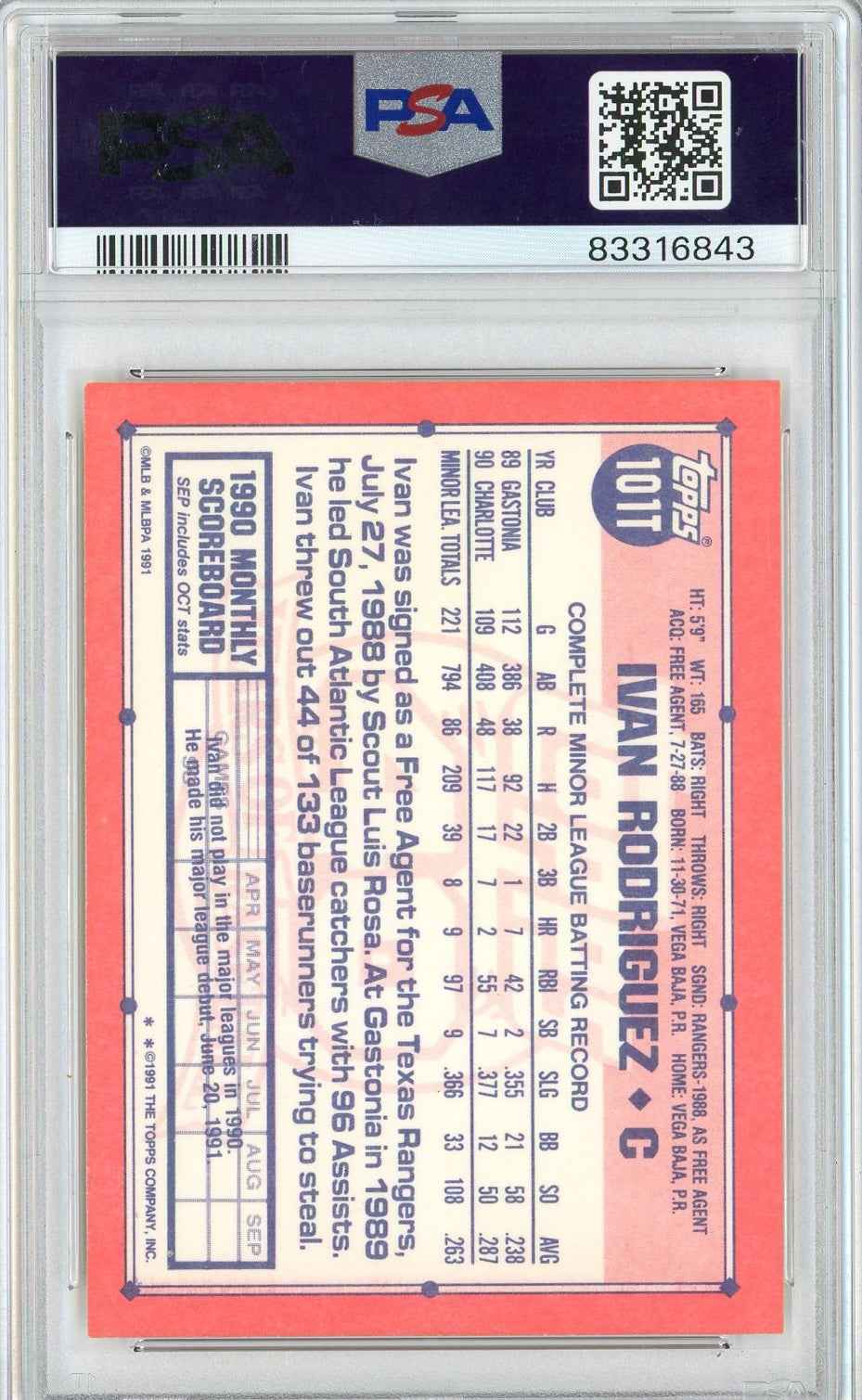 Graded 1991 Topps Traded Ivan Pudge Rodriguez #101T Rookie RC Baseball Card PSA 10 Auto Grade Gem Mint